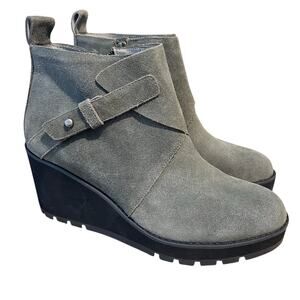 Eileen Fisher Tinker Wedge Suede Bootie in Dark Moss (Grayish Olive) | Size 10